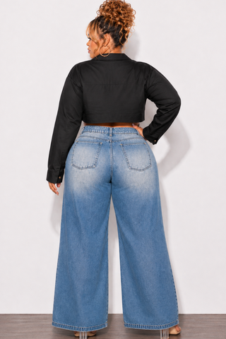 Final Sale Plus Size Long Sleeve Collar Button Up Cropped Poplin Top