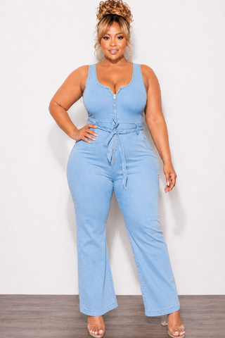 Final Sale Plus Size Sleeveless Zip-Up Jumpsuit with Attached Tie in Light Denim