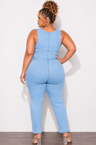 Final Sale Plus Size Sleeveless Zip-Up Jumpsuit with Attached Tie in Light Denim