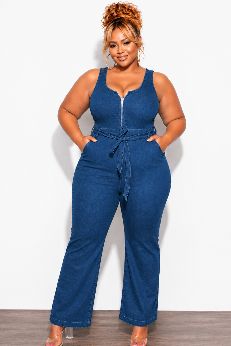 Final Sale Plus Size Sleeveless Zip-Up Jumpsuit with Attached Tie in Dark Denim