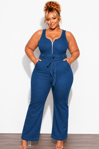 Final Sale Plus Size Sleeveless Zip-Up Jumpsuit with Attached Tie in Dark Denim