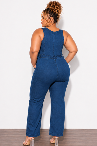 Final Sale Plus Size Sleeveless Zip-Up Jumpsuit with Attached Tie in Dark Denim