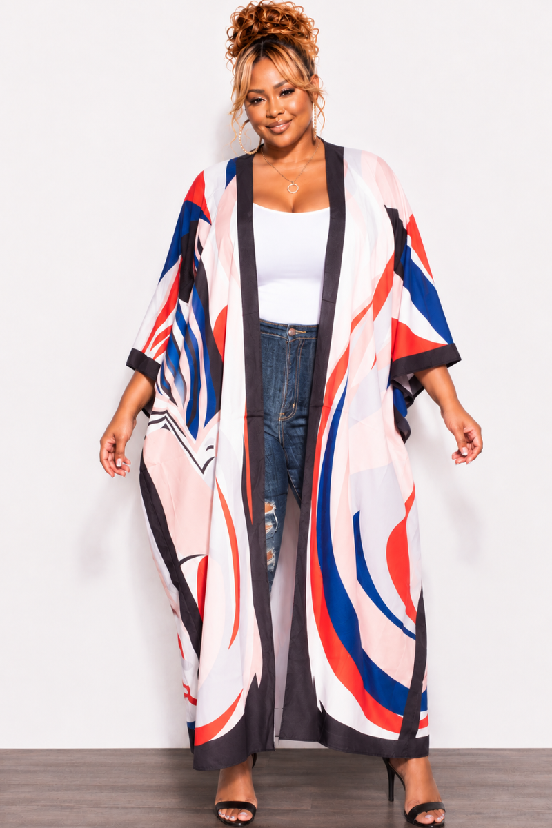 Final Sale Plus Size Caftan in White Blue and Orange Swirl Print