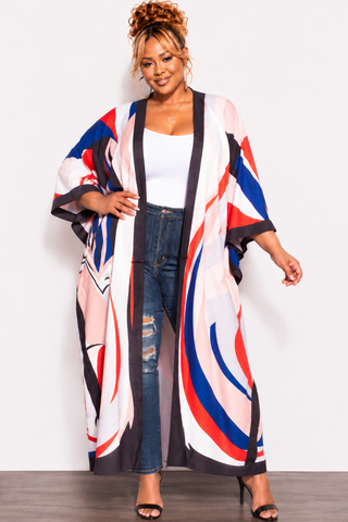 Final Sale Plus Size Caftan in White Blue and Orange Swirl Print