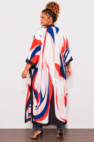 Final Sale Plus Size Caftan in White Blue and Orange Swirl Print
