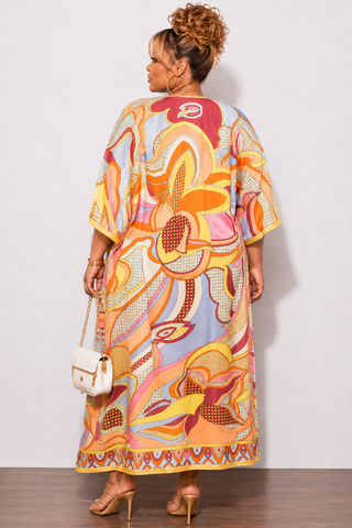Final Sale Plus Size Duster In Orange Multi Color Design Print