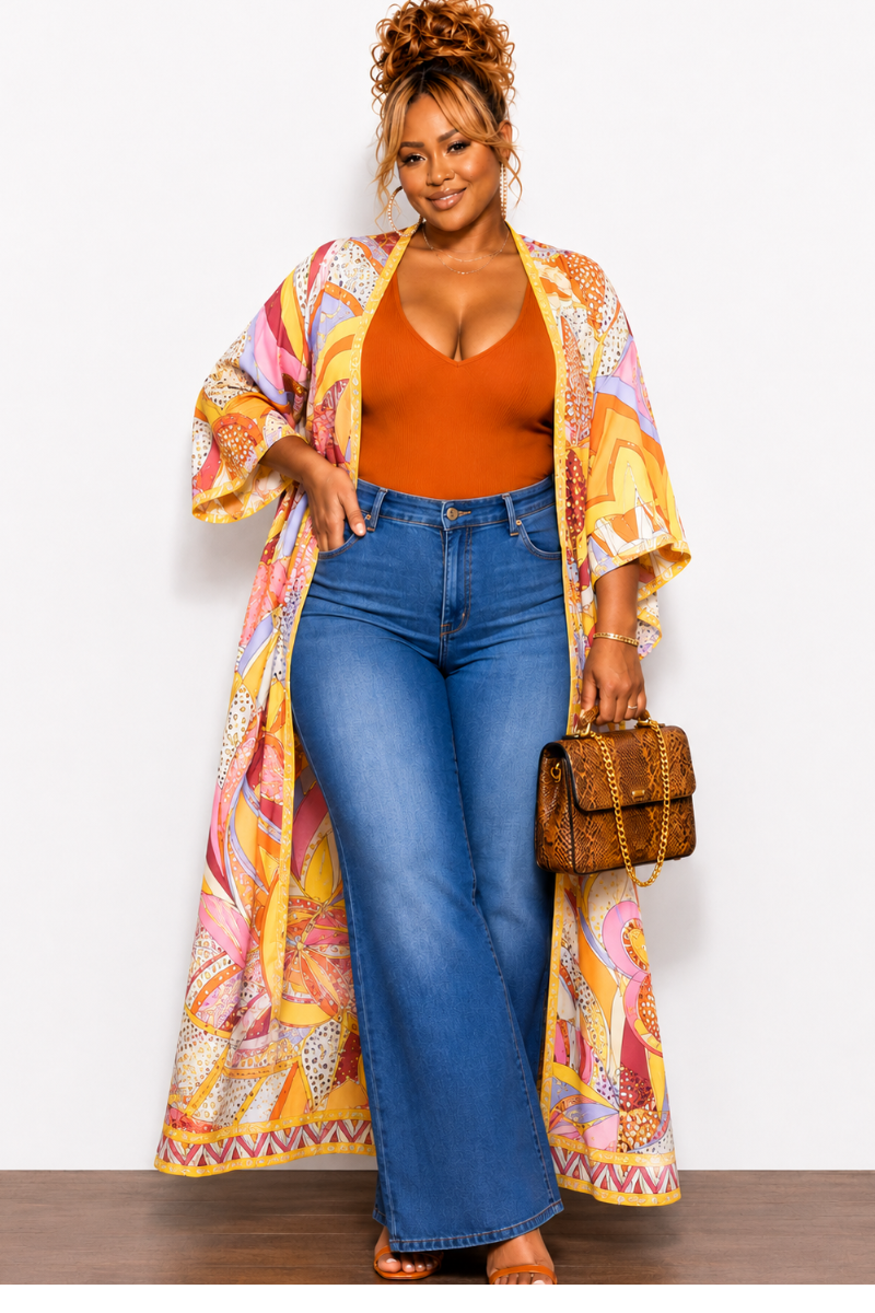 Final Sale Plus Size Duster In Orange Multi Color Design Print