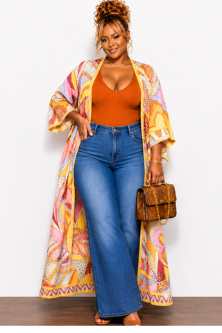 Final Sale Plus Size Duster In Orange Multi Color Design Print