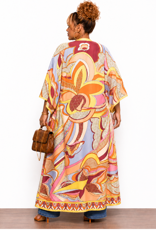 Final Sale Plus Size Duster In Orange Multi Color Design Print