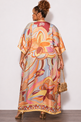 Final Sale Plus Size Duster In Orange Multi Color Design Print
