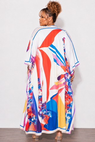 Final Sale Plus Size Caftan in White Multi Color Floral Print