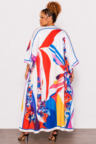 Final Sale Plus Size Caftan in White Multi Color Floral Print