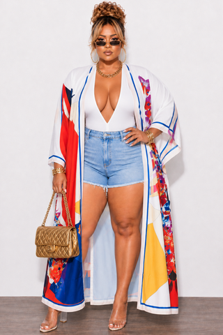 Final Sale Plus Size Caftan in White Multi Color Floral Print