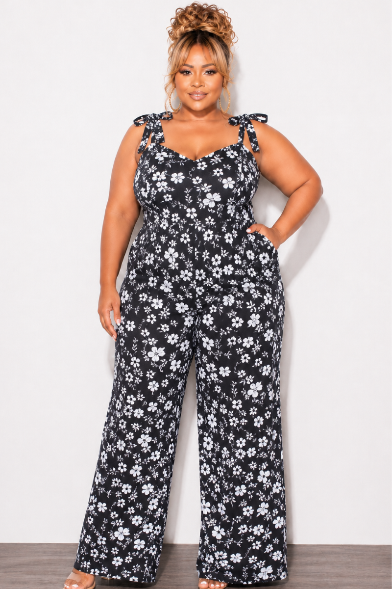 Final Sale Plus Sleeveless Jumpsuit with Tie Straps in Black and White Floral Print
