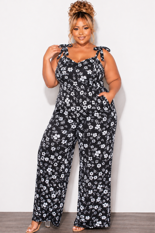 Final Sale Plus Sleeveless Jumpsuit with Tie Straps in Black and White Floral Print
