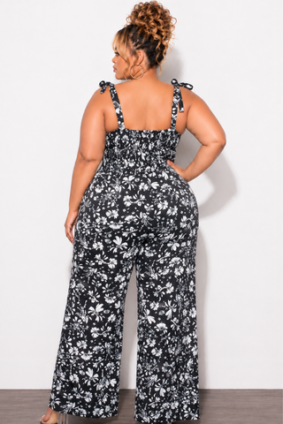 Final Sale Plus Sleeveless Jumpsuit with Tie Straps in Black and White Floral Print