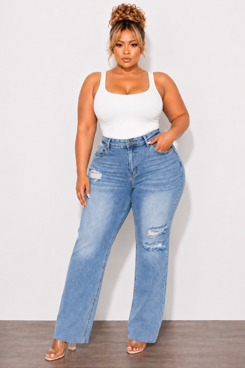 Final Sale Plus Size Fitted Stretchy High Waist Distressed Flare Jeans In Medium Denim