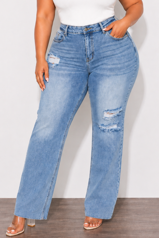 Final Sale Plus Size Fitted Stretchy High Waist Distressed Flare Jeans In Medium Denim