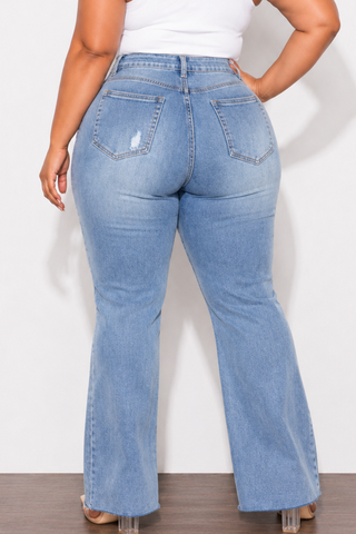 Final Sale Plus Size Fitted Stretchy High Waist Distressed Flare Jeans In Medium Denim