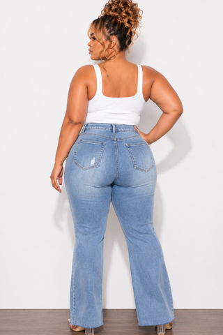 Final Sale Plus Size Fitted Stretchy High Waist Distressed Flare Jeans In Medium Denim