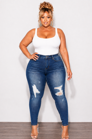 Final Sale Plus Size Fitted Stretchy High Waist Ripped/Distressed Skinny Jeans In Dark Denim