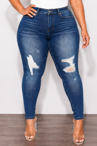 Final Sale Plus Size Fitted Stretchy High Waist Ripped/Distressed Skinny Jeans In Dark Denim