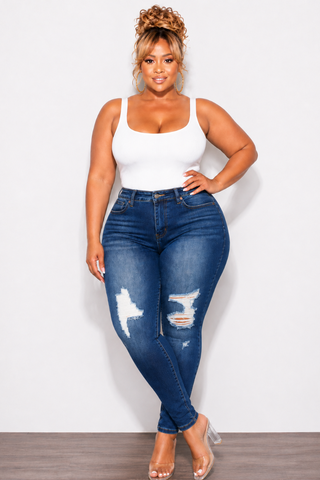 Final Sale Plus Size Fitted Stretchy High Waist Ripped/Distressed Skinny Jeans In Dark Denim