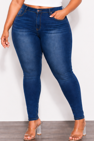 Final Sale Plus Size Fitted Stretchy High Waist Skinny Jeans Gradient Thighs In Dark Denim