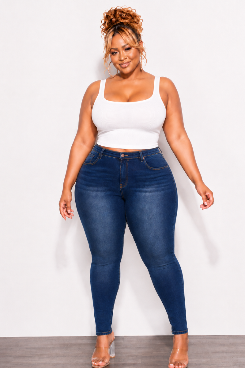 Final Sale Plus Size Fitted Stretchy High Waist Skinny Jeans Gradient Thighs In Dark Denim