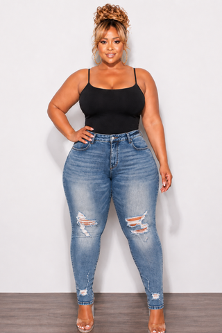 Final Sale Plus Size Fitted Ripped Skinny Jeans in Medium Wash