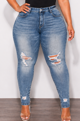 Final Sale Plus Size Fitted Ripped Skinny Jeans in Medium Wash
