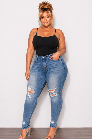 Final Sale Plus Size Fitted Ripped Skinny Jeans in Medium Wash
