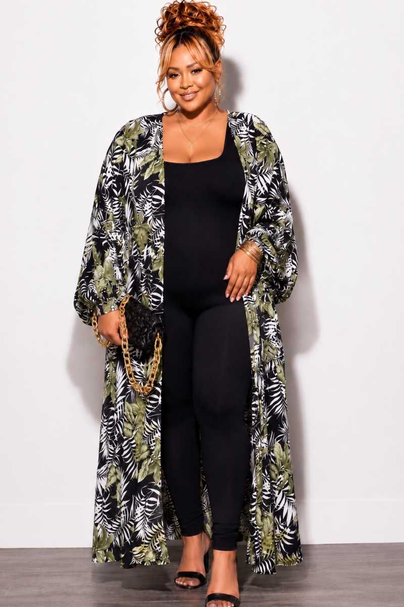 Final Sale Plus Size Puffy Sleeve Kaftan in Black White and Green Tropical Print