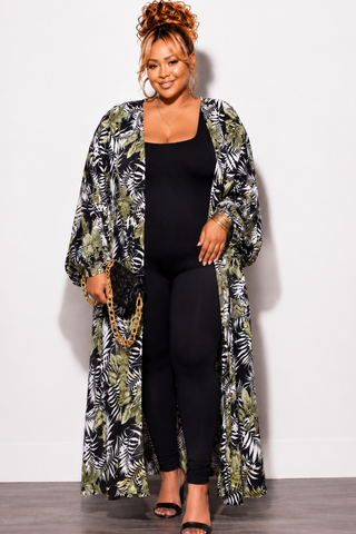Final Sale Plus Size Puffy Sleeve Kaftan in Black White and Green Tropical Print