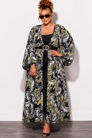 Final Sale Plus Size Puffy Sleeve Kaftan in Black White and Green Tropical Print