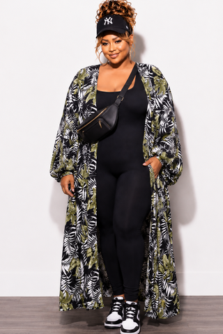 Final Sale Plus Size Puffy Sleeve Kaftan in Black White and Green Tropical Print