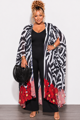Final Sale Plus Size Chiffon Duster With Wrist Cuff in Zebra and Floral Print