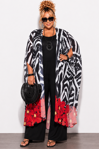 Final Sale Plus Size Chiffon Duster With Wrist Cuff in Zebra and Floral Print