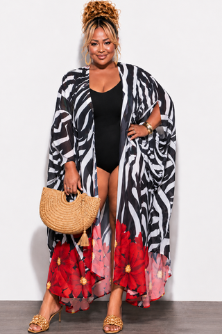 Final Sale Plus Size Chiffon Duster With Wrist Cuff in Zebra and Floral Print