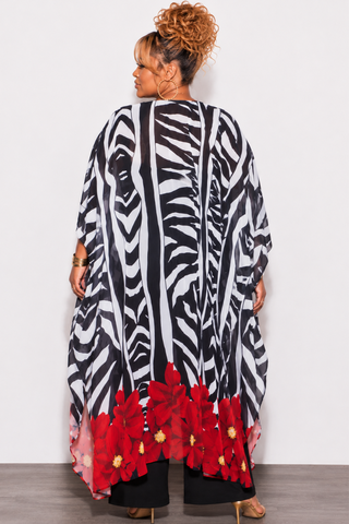 Final Sale Plus Size Chiffon Duster With Wrist Cuff in Zebra and Floral Print
