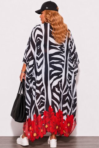 Final Sale Plus Size Chiffon Duster With Wrist Cuff in Zebra and Floral Print