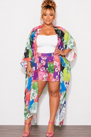 Final Sale Plus Size 2pc Set Jersey Cocoon Satin Duster & Shorts in Multi Color Design Print