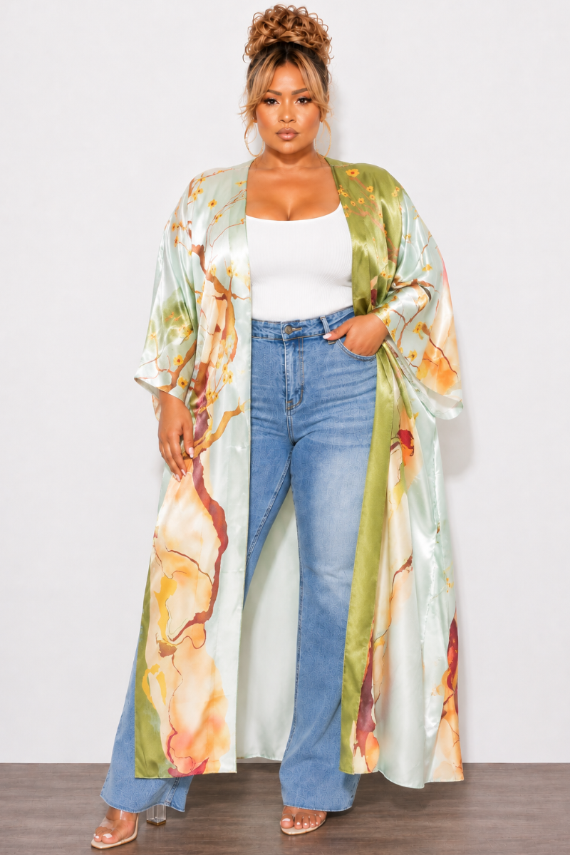 Final Sale Plus Size Satin Caftan in Olive & Rust Multi Color Floral Print