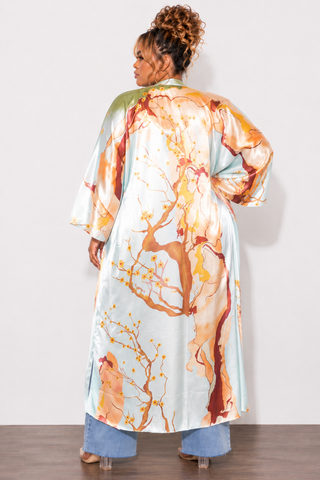 Final Sale Plus Size Satin Caftan in Olive & Rust Multi Color Floral Print
