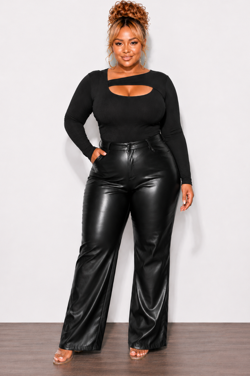 Final Sale Plus Size Faux Leather Bell Bottom Pants in Black