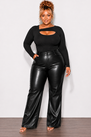 Final Sale Plus Size Faux Leather Bell Bottom Pants in Black