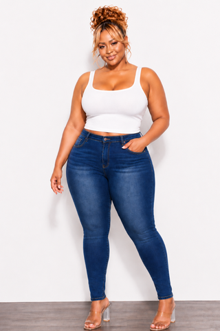 Final Sale Plus Size Fitted Stretchy High Waist Skinny Jeans Gradient Thighs In Dark Denim