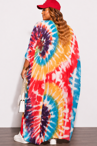 Final Sale Plus Size Chiffon Duster With Wrist Cuff in Red /Purple Multi Tie Dye