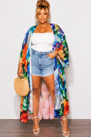 Final Sale Plus Size Chiffon Duster With Wrist Cuff in Multi-Color Palm Print