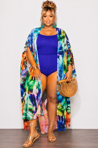 Final Sale Plus Size Chiffon Duster With Wrist Cuff in Multi-Color Palm Print